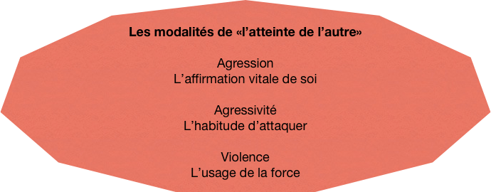 

Les modalités de «l’atteinte de l’autre»

Agression
L’affirmation vitale de soi

Agressivité L’habitude d’attaquer

Violence
L’usage de la force